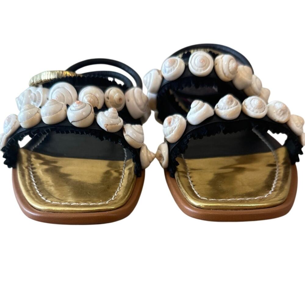 Tory Burch Sinclair Sandals Black Gold Seashell Flat 7.5 - Picture 3 of 11